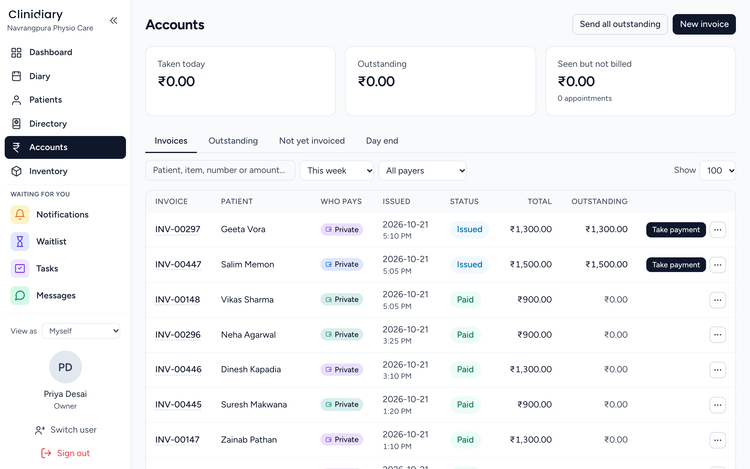 Accounts — the money side: invoices, payments and what is owed.