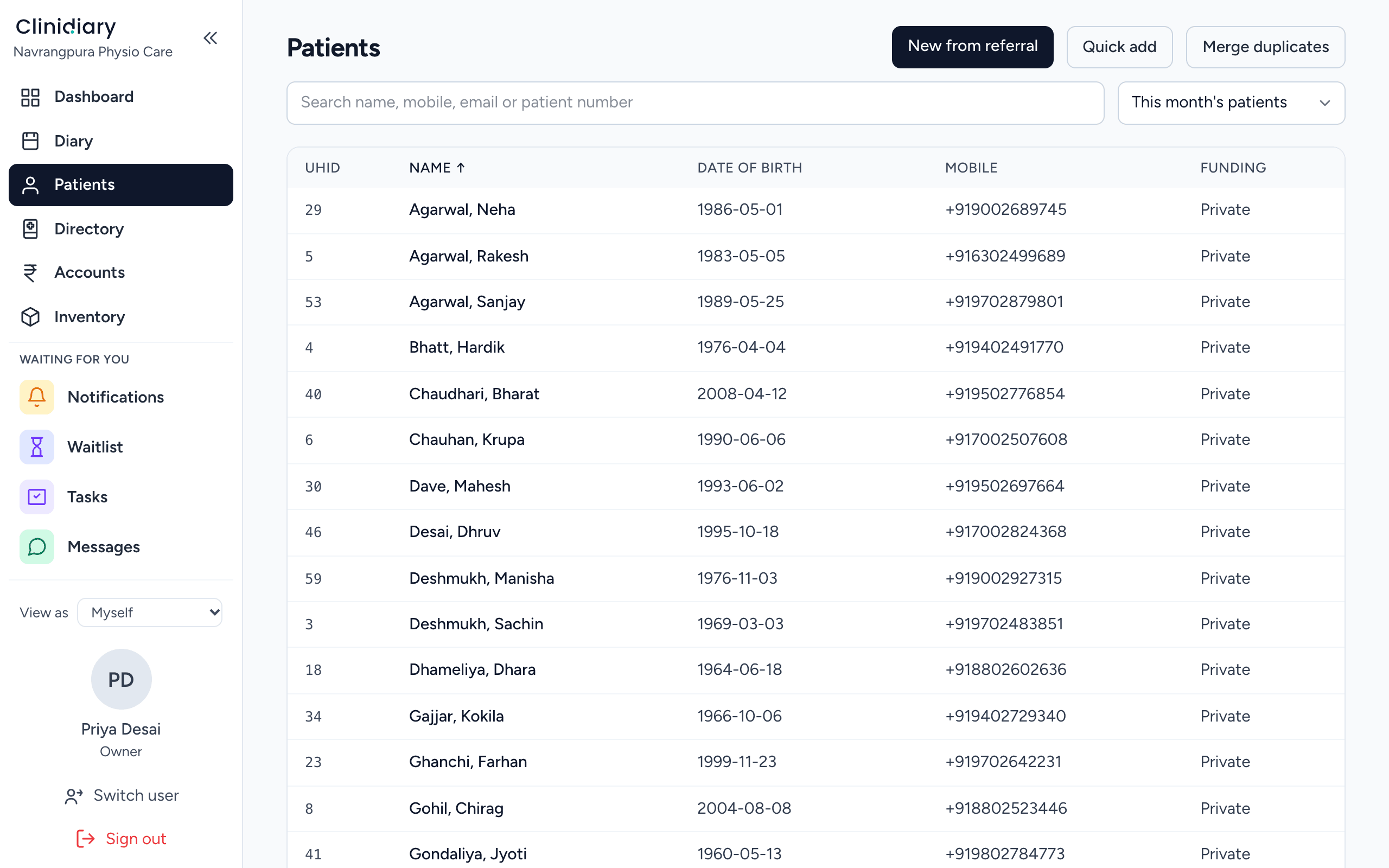 The patient list — search by name, number, mobile or email.