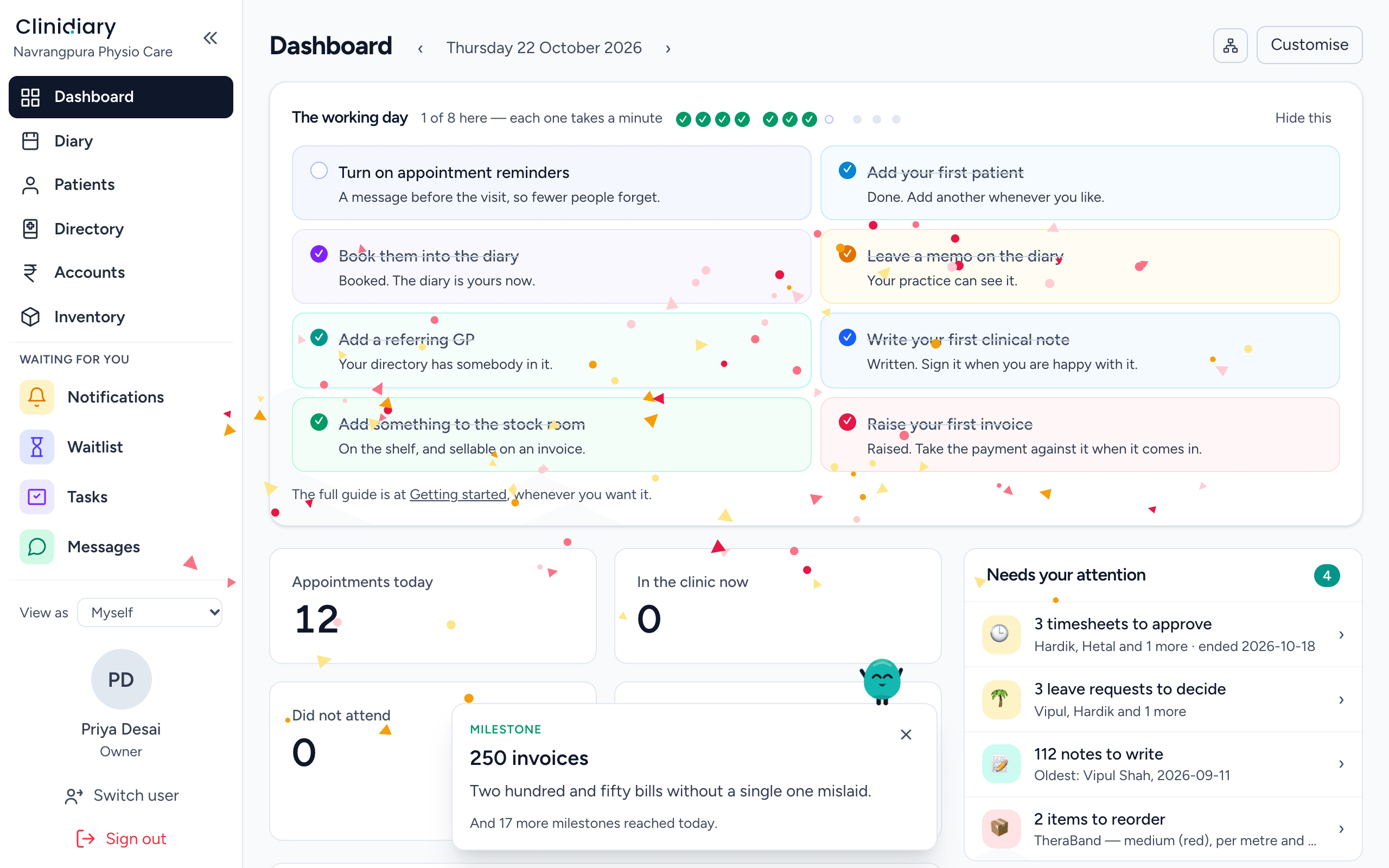 The dashboard — the day at a glance, one widget per question.