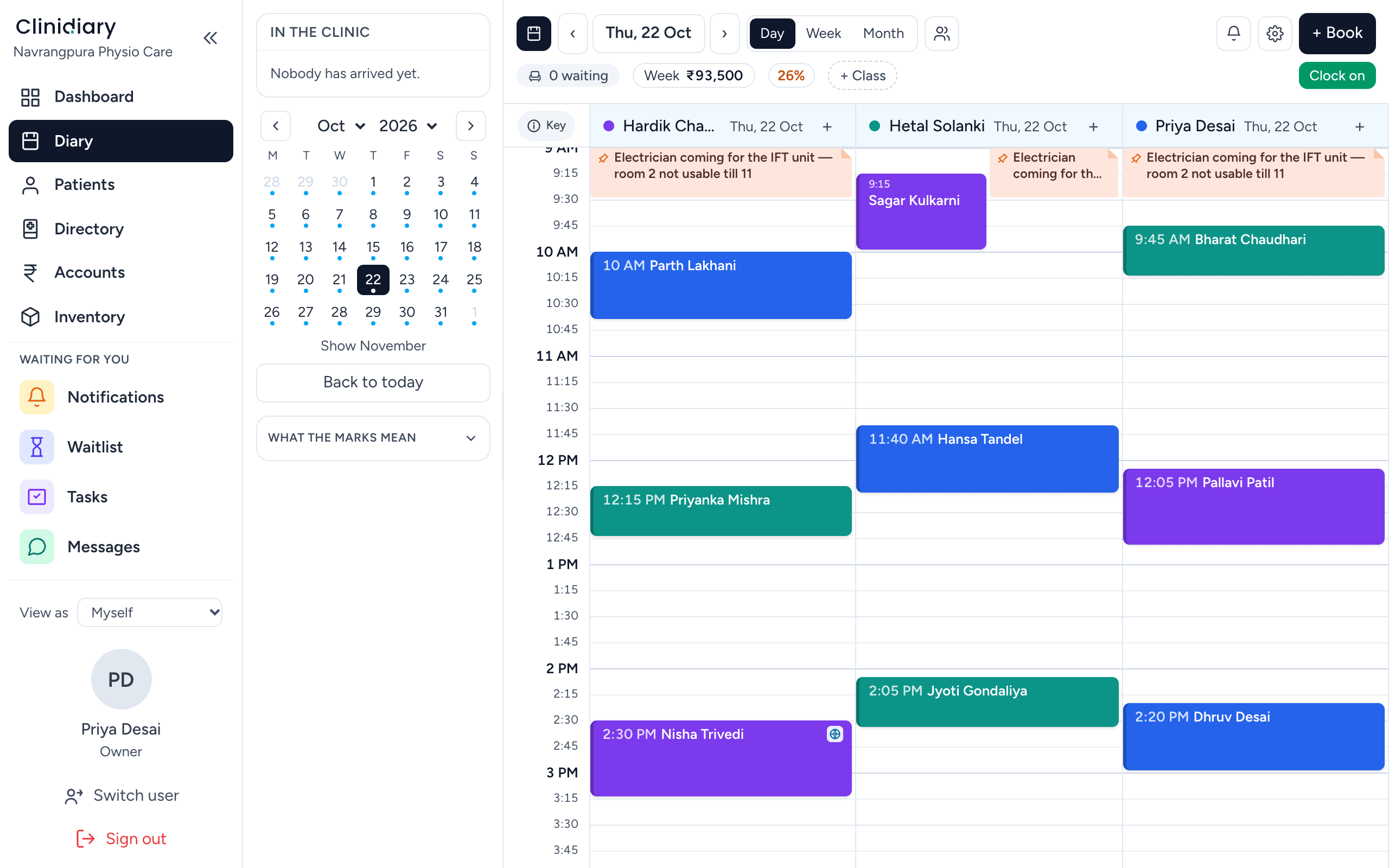 The diary — a column per practitioner, a chip per booking.