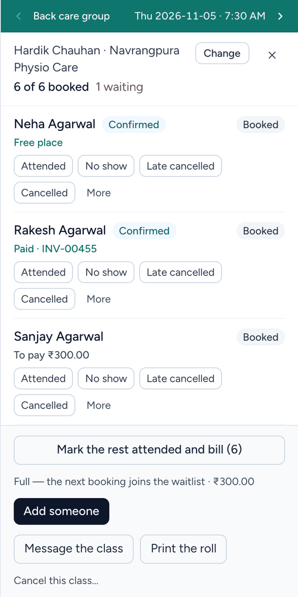 The roll for a Back care group in Clinidiary on Thursday at 7:30 AM: six of six places booked and one waiting. Neha Agarwal has a free place, Rakesh Agarwal has paid on invoice INV-00455 and Sanjay Agarwal has ₹300.00 to pay, with buttons to mark attendance, add someone, message the class and print the roll
