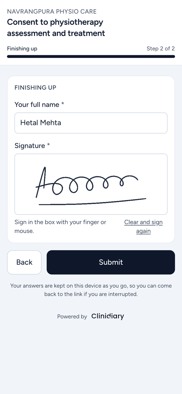 A Clinidiary consent form on a phone: Consent to physiotherapy assessment and treatment from Navrangpura Physio Care, with the patient's name typed in and a signature drawn with a finger, ready to submit