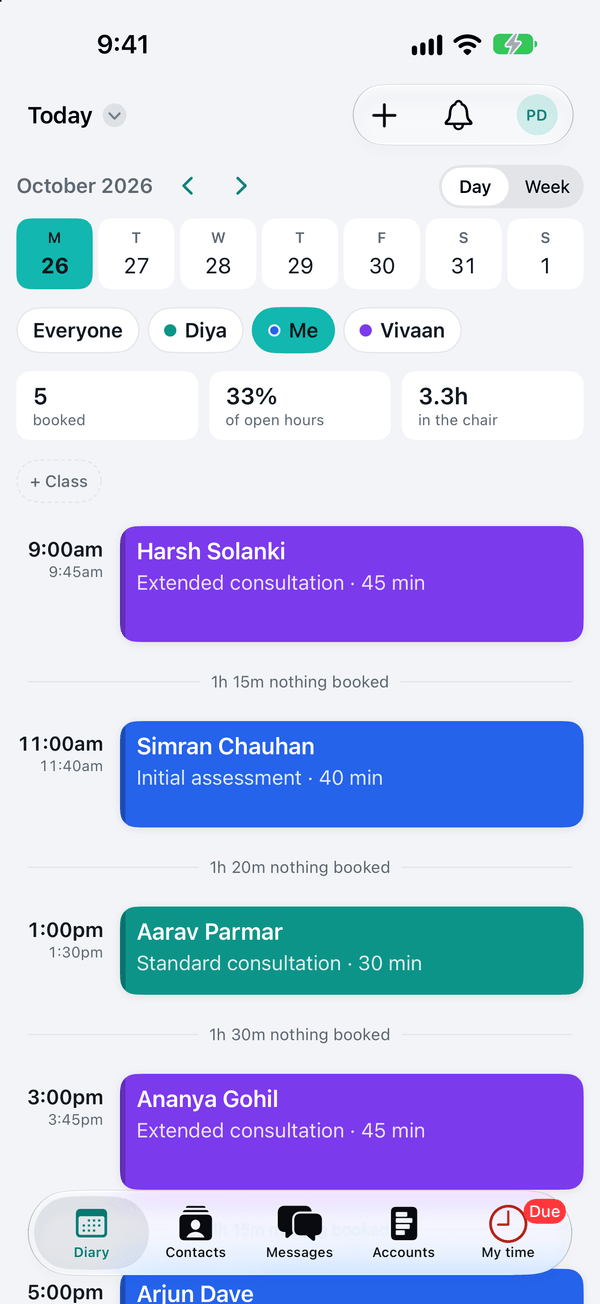 The app's diary: a physiotherapist's day, each appointment with its time, patient and visit type