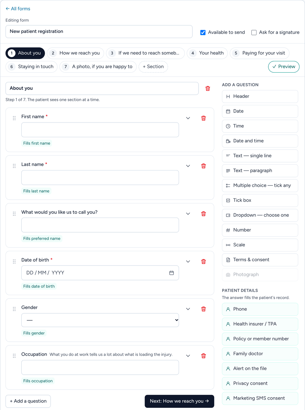 The form builder in Clinidiary: a new patient registration form in seven steps, its first questions on the left, and the questions that can be added on the right, including the ones whose answers fill the patient's record