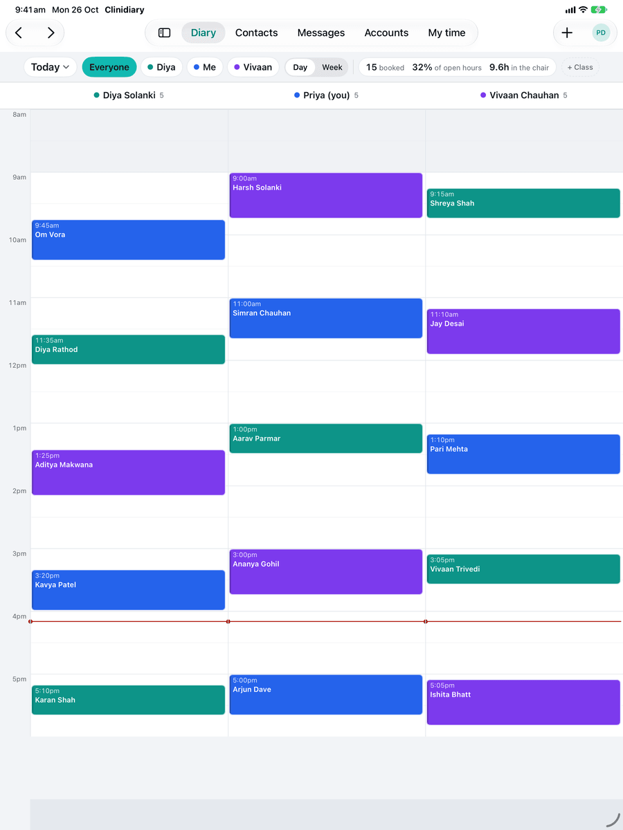 The app's diary on an iPad: every practitioner's day side by side