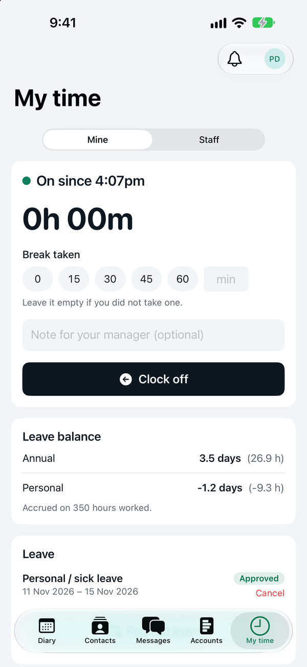 My time in the app: clocked on, a break, the leave balance and an approved leave request