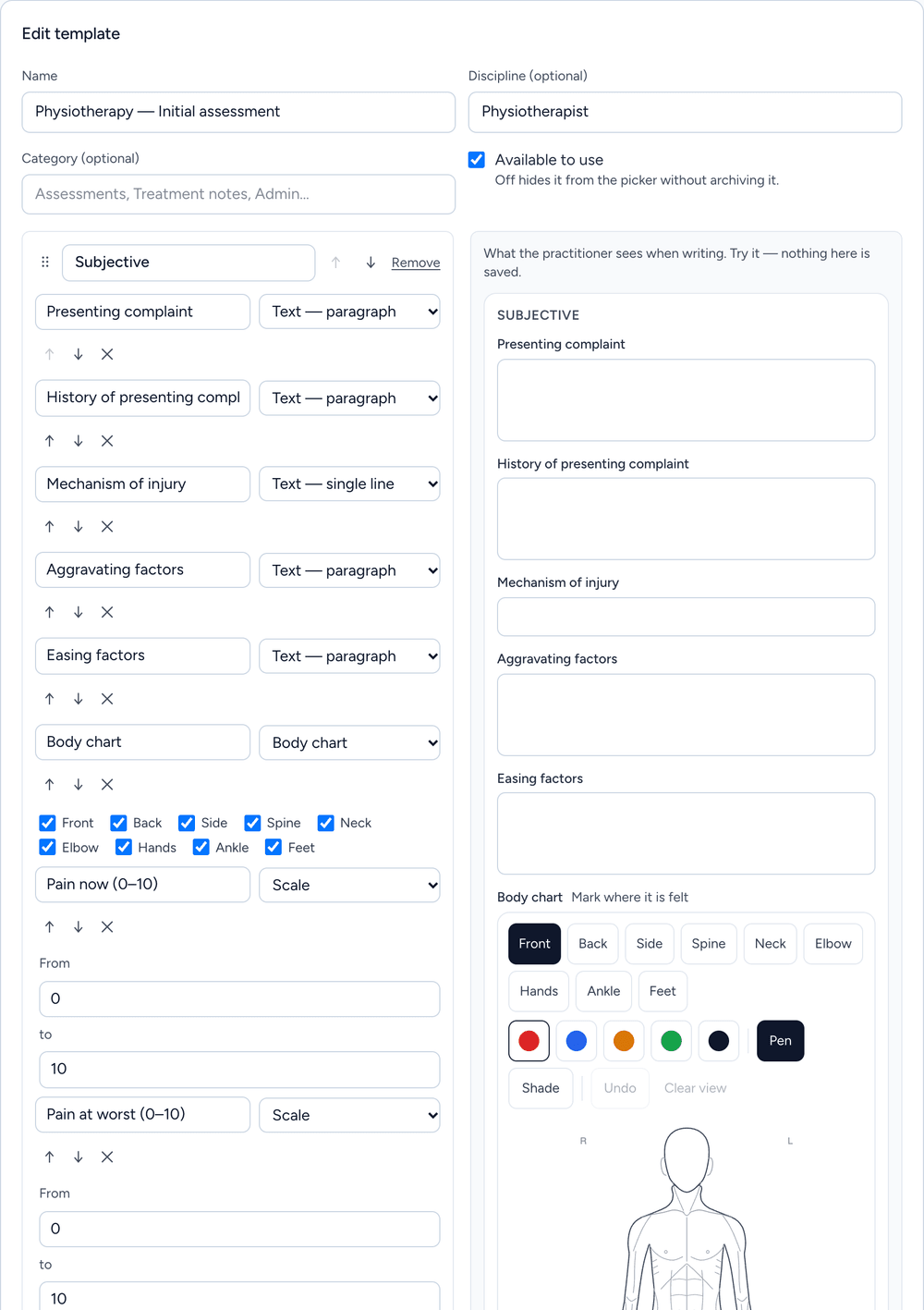 The note template editor in Clinidiary: an initial assessment template for physiotherapists, with its questions, a body chart and pain scales on the left, and on the right the note as the practitioner will see it when writing