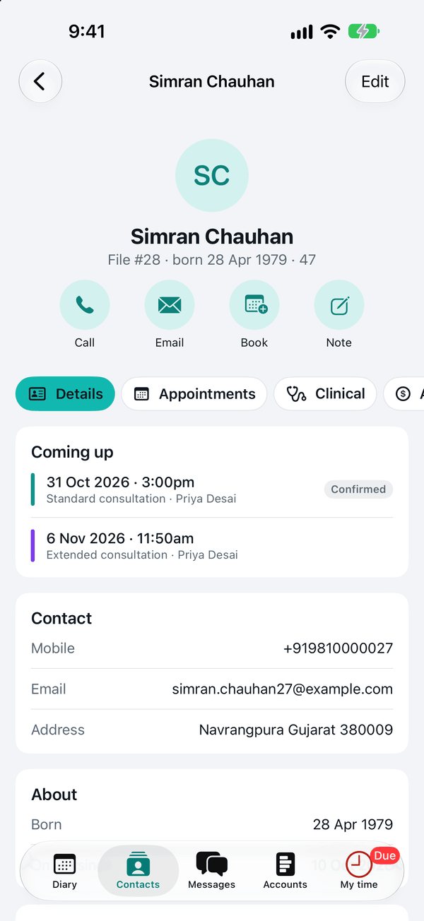 A patient's file in the app, with buttons to call, email, book and write a note, and their coming appointments