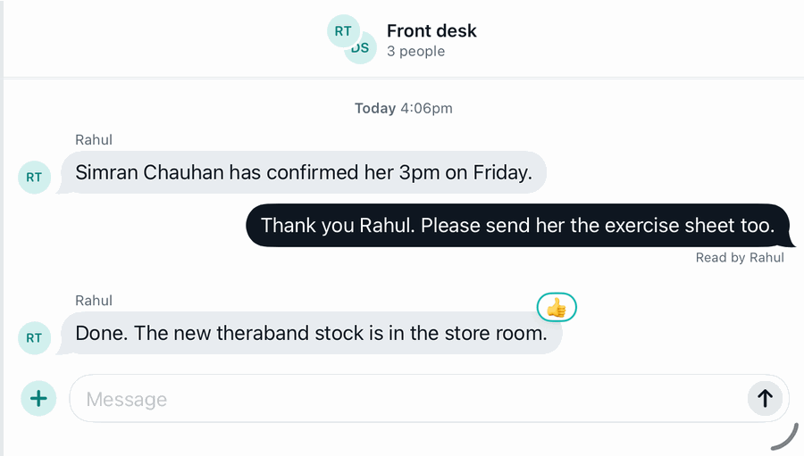A Front desk group conversation in Clinidiary: colleagues passing on a late patient, new stock in the store room, and a reaction to a reminder