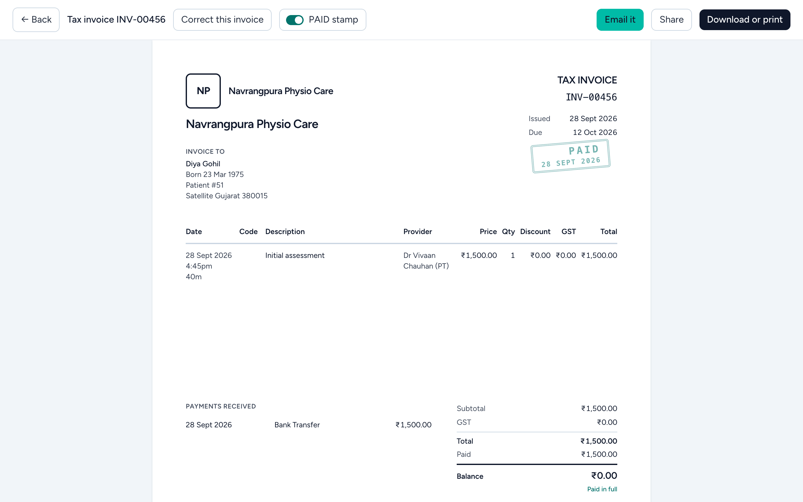 A Clinidiary tax invoice from a test clinic: an initial assessment for ₹1,500 with the physiotherapist named on the line, GST shown per line, the payment received, a PAID stamp and a balance of ₹0.