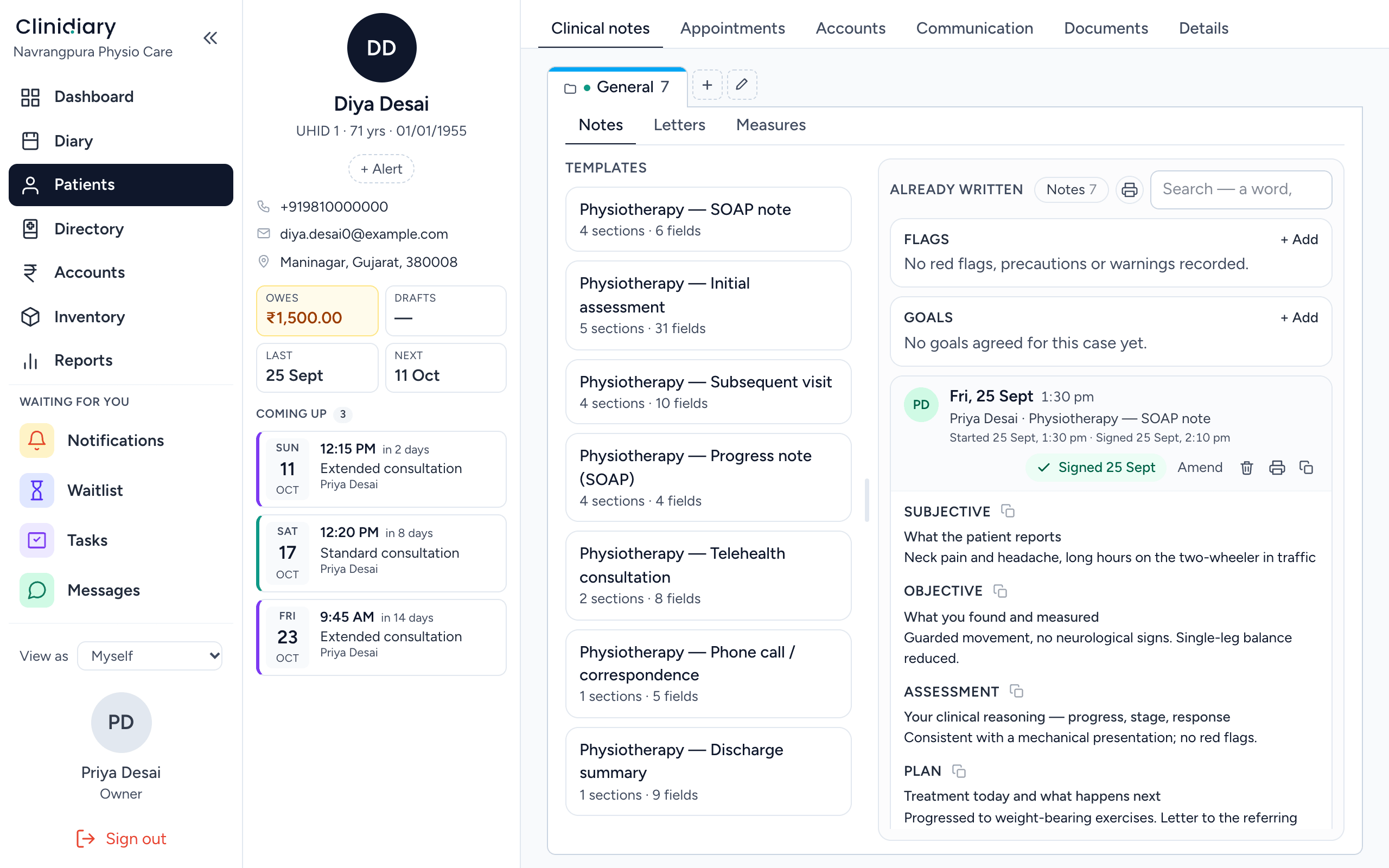 A patient's clinical notes in Clinidiary: physiotherapy templates for a SOAP note, initial assessment, subsequent visit, progress note, telehealth and discharge on the left, and a signed SOAP note on the right with subjective, objective, assessment and plan sections.